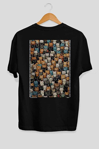 Ankhises For the Love of Cats 114 Cat Printed Black Oversize T-Shirt 100% Cot...