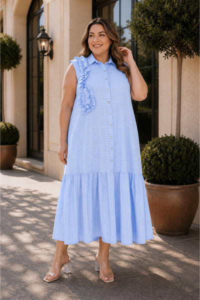 DARKWIN Plus Size Shirt Collar Buttoned Ruffle Detailed Sleeveless Flounce Mi...