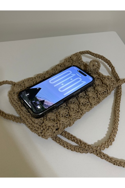 Passionis Jewelry Natural Raffia Yarn Hand-Knitted Phone Bag Straw Color Washable Stylish and Useful
