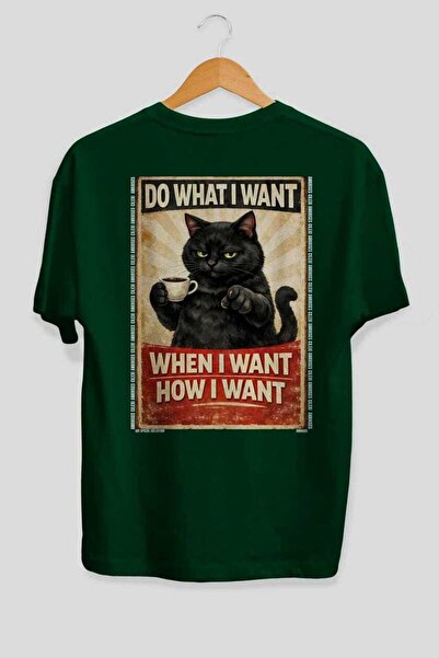Ankhises For the Love of Cats 113 Cat Printed Green Oversize T-Shirt 100% Cot...