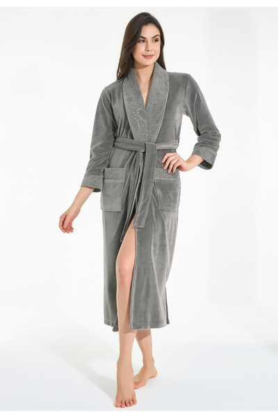 Nuşa Women's Collar Leaf Jacquard Shawl Niki Velvet Bamboo Cotton Dressing Gown