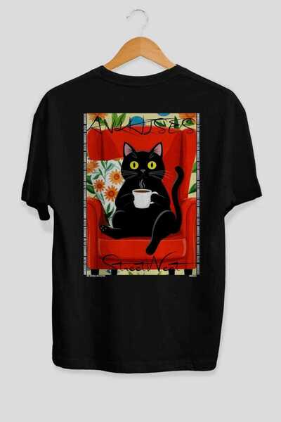 Ankhises For the Love of Cats 24 Cats Printed Black Oversize T-Shirt 100% Cot...