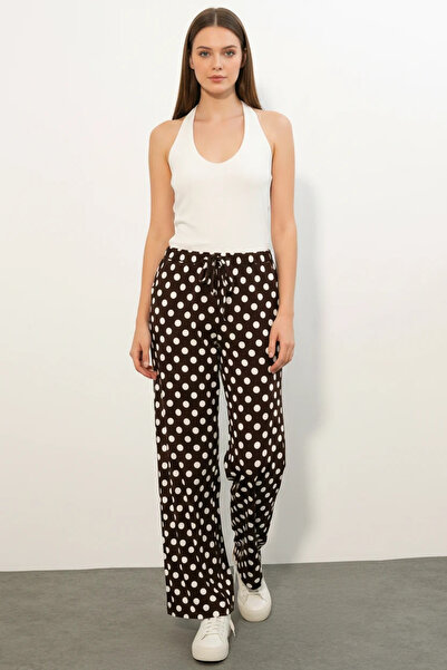 Efnaz style Women's Drawstring Waist Polka Dot Wide Leg Brown Palazzo Trousers