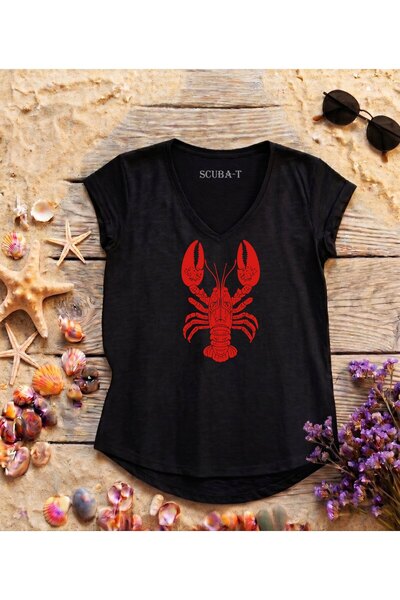 ScubaPromoTurkey Atlantic Lobster Printed Black V-Neck Flared Cotton T-Shirt