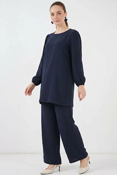 buğrahayalin Women's Round Neck Long Sleeve Navy Blue Tunic Pants Top and Bot...