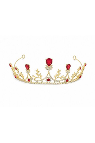 OEM Gold tiara with red teardrop crystals and gold leaves