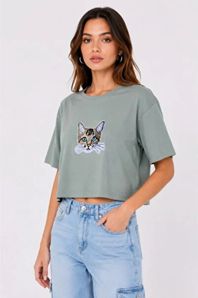 Wear Up Tricou crop oversize cu imprimeu Cat, tricou lejer de bază cu jumătat...