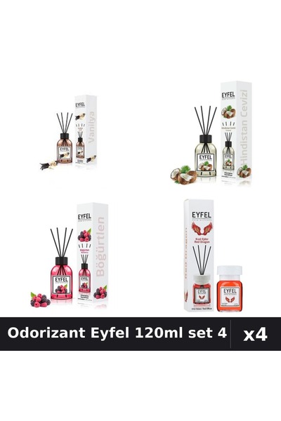 Eyfel Set 4 Odorizant Camera Betisoare 120ml - Vanilie, Nuca Cocos, Fructe Pa...