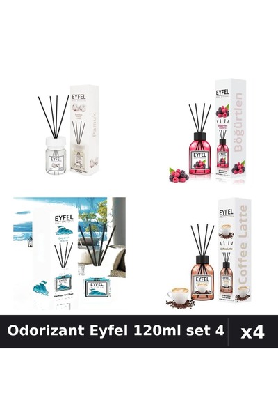 Eyfel Set 4 Odorizant Cameră Betișoare 120ml - Bumbac, Cafea, Fructe Pădure, ...