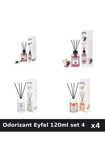 Eyfel Set 4 Odorizant Camera Betisoare 120ml - Vanilie, Bouquet, Bumbac, Acacia