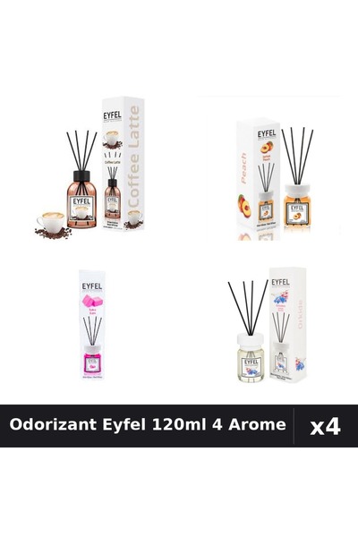 Eyfel Set 4 Odorizant Cameră cu Bețișoare 120ml - Cafea, Piersică, Bubble Gum...