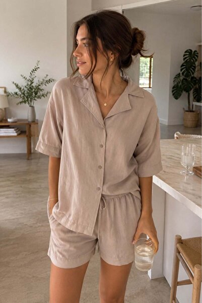 Madmext Beige Short Sleeve Modal Shirt Shorts Set Mg2739