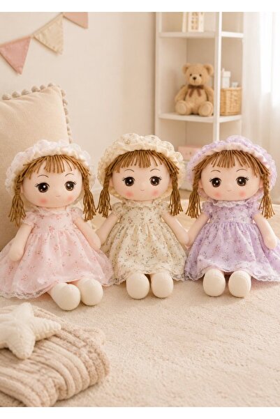 DAT Rag Doll Plush Soft Stuffed Doll 70cm with Floral Dress, Lace Bonnet & Yarn Braids, Pink Yellow Purple