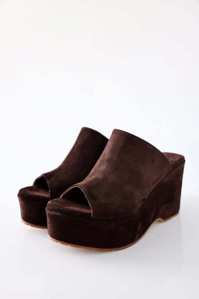 5in1Canpolat Brown Wedge Heel Slippers 26144