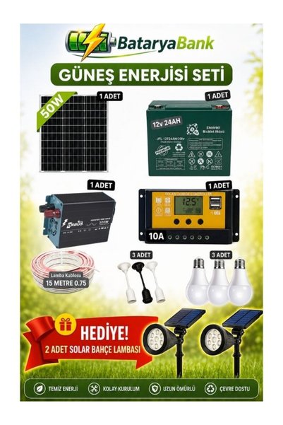 BataryaBank 50W Güneş Enerjisi Seti 12V 24Ah Jel Akülü – Bağ Evi, Yayla Evi, Hobi Bahçesi ve Çobanlar İçin