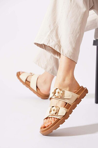 Moda Pie Gesemer Double Buckle Genuine Leather Women's Slippers Beige Skin