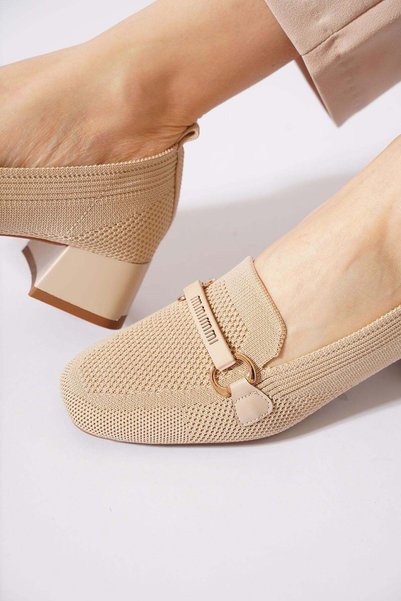 Moda Pie Sernesla knit heeled women's beige heeled shoes with buckle detail