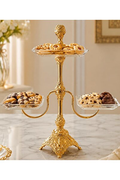 RAHSAN COLLECTİON Gold Osmanlı Motifli 3 Katlı Cam Sunumluk – Kurabiyelik, Lo...