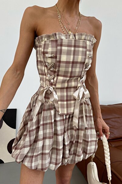 mylove Plaid Corset Skirt Set Brown