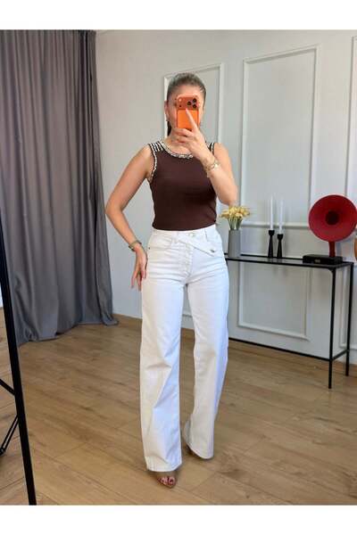 Size Özgü Ekru Bel Detay Jean