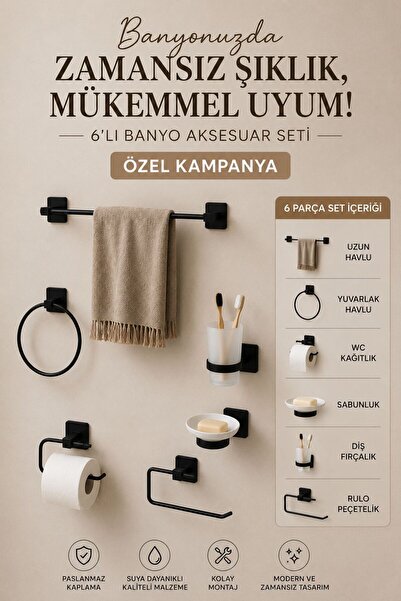 KARTEYA Siyah Çok Amaçlı 6'lı Banyo Aksesuar Düzenleyici Set