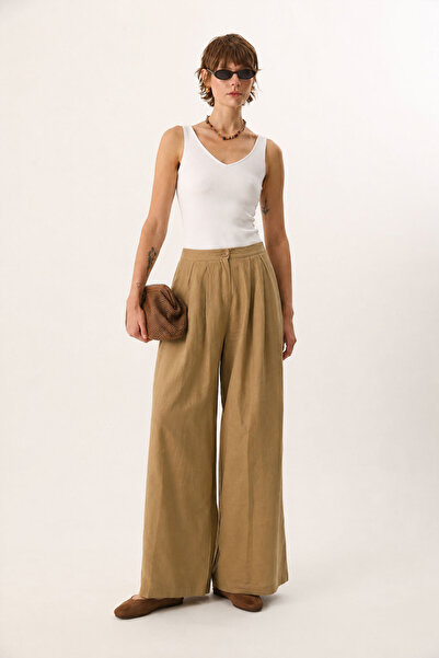 VENA High Waist Pleated Wide Leg Lyocell Palazzo Trousers-Mink