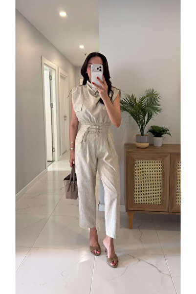 BİRCANÇİL Paksy Cream Cap Sleeve Detailed Blouse and Trousers Set