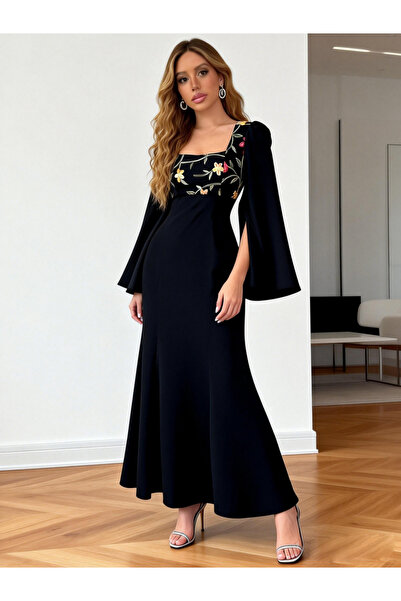 Take Two By Styli Black Floral Maxi Dress with Slit Sleeves