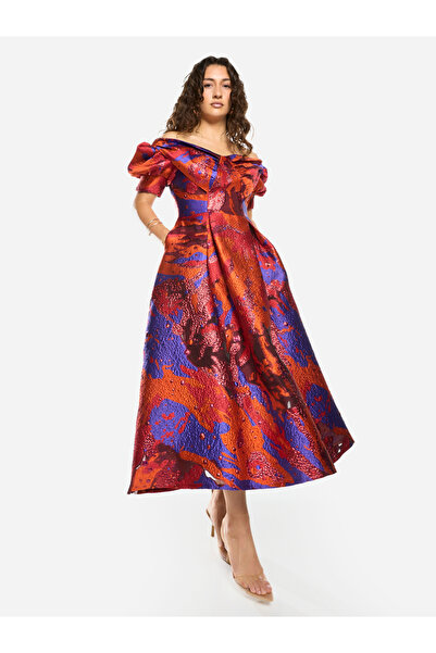 House of Moda By Styli Abstract Texture Off-Shoulder Flare Midi Dress