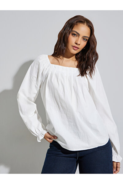 Styli White Square Neck Long Sleeve Blouse