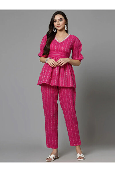 DESIQLO By Styli Pink V Neck Cotton Top and Pants Co-Ord Set