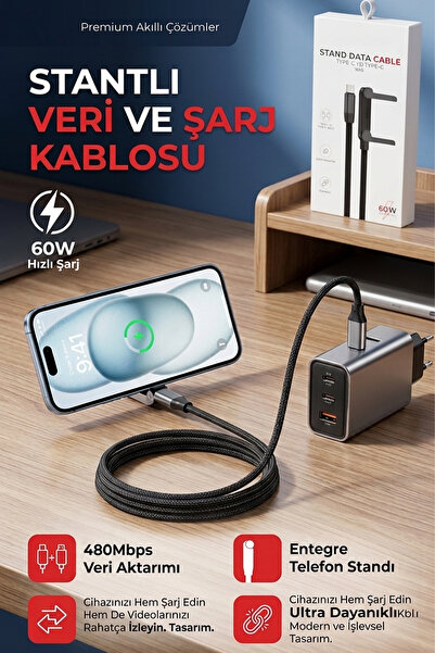 TECHNOMEN Stantlı Data Kablosu Type-C to Type-C 60W Hızlı Şarj ve Veri Aktarı...