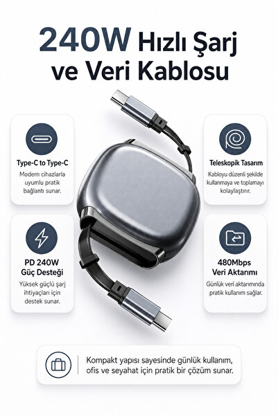 Zilvana 240W Type-C to Type-C Gri Teleskopik Şarj ve Veri Kablosu, Geri Sarıl...