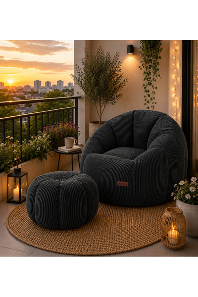 puffiber Balkon Takımı Büyük Puf Koltuk ve Ayak Pufu Seti – Bahçe, Teras ve Okuma Köşesi İçin Konforlu Berjer 95x80 Cm