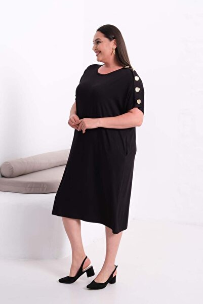 kısmet sepeti Women's Black Combed Cotton Stylish Dress with Shoulder Buttons...