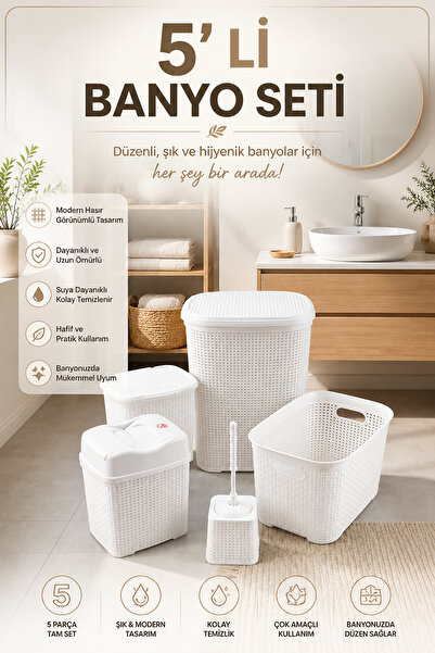 Akyüz Plastik 🧺5 Parça Beyaz Plastik Banyo Seti | Kirli Çamaşır Sepeti, Temi...