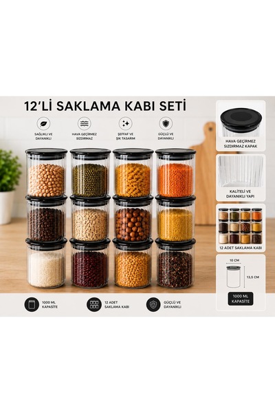 Doğanay Mutfak 12'Li Mika Şeffaf Baharatlık Erzak Kabı 1000Ml