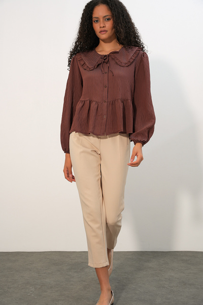 Merterium Kadın Bebe Yaka Gömlek Bluz 1463 - Kahverengi