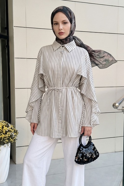 InStyle Ruffle Sleeve Thin Striped Gray Shirt