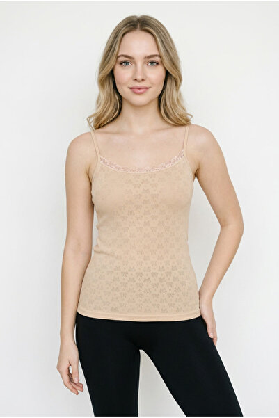 fevien Women's 100% Cotton Thin Strap Lace Detailed Openwork Ribbed Undershir...