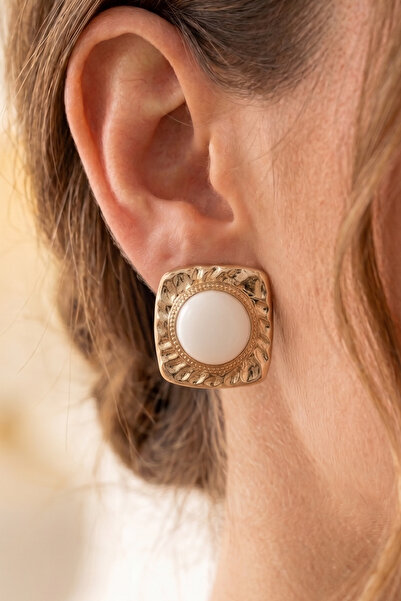 AURRARİ Gold Quadrilateral Vintage White Enamel Earrings