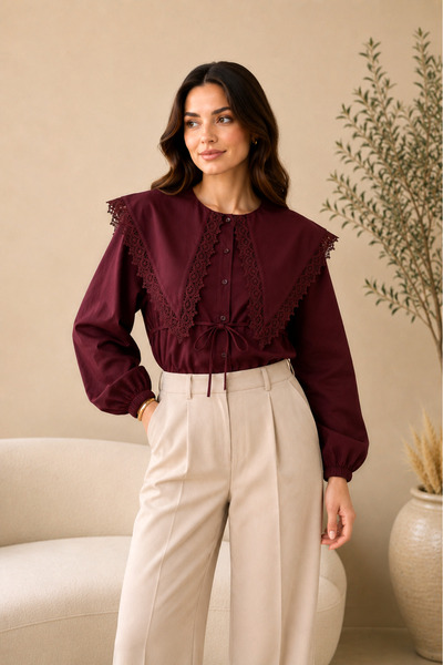 SADEL Yakası Dantelli Beli Bağcıklı Poplin Gömlek - Bordo