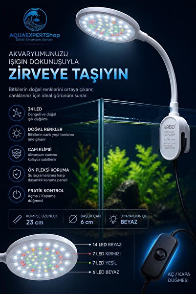 Sobo USB Akvaryum Işığı - Balık Işığı - Bitki Işığı - 34 Led - Y-3W - Güçlü A...