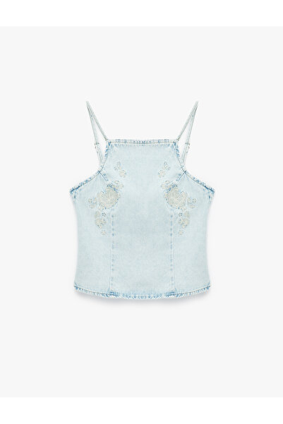 Koton Kare Yaka Nakışlı Sırt Detaylı Kolsuz Denim Bluz