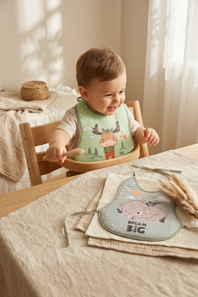 Babydonat Nordic Dream 2'li Organik Pamuklu Sıvı Geçirmez Bebek Mama Önlüğü Seti - Ayıcık Ve Geyik Desenli Yum