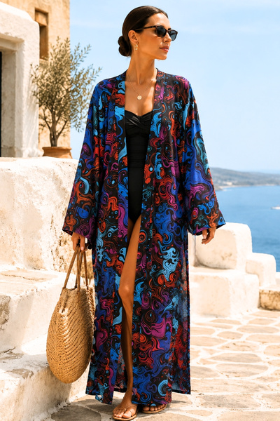 armonika Women's Belted Chiffon Kimono with Side Slits Arm-26Y001020 D54