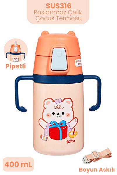 Vagonlife 400 ML 316L Paslanmaz Çelik Pipetli Çocuk Termosu Taşıma Kulplu Ask...