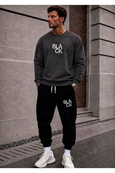FAEL LİFE Unisex Winter Wide Cut Zero Collar Track Suit Black Printed
