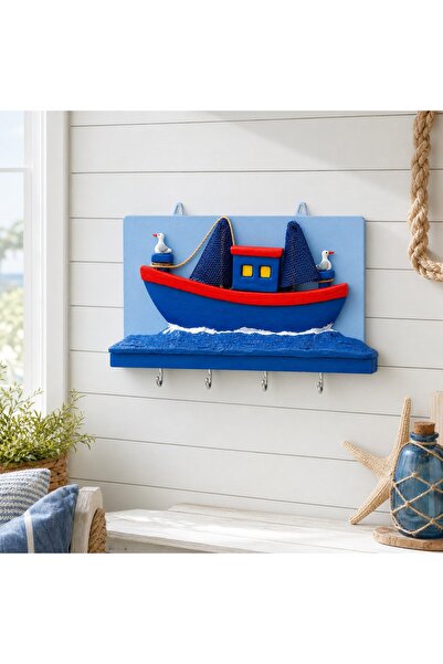Melike "nin Atölyesi El Yapımı Marin Temalı Tekne Figürlü Duvar Askılığı - MDF Üzeri Taş Tozu Dekor Dekoratif Anahtarlık ve Havluluk (35x20 cm) Özgün Tasarım El Yapımı Anahtar Askılığı