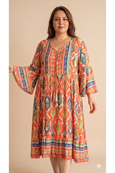 Sibel Günay Butik XXL Large Size V-Neck Natural Cotton Viscose Loose Dress wi...